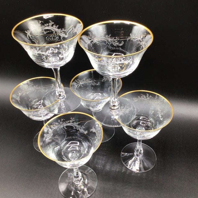 Fostoria Golden Lace Champagne/Sherbet Etched Crystal Coupes With Gold Rim - Set of 6 For Sale - Image 11 of 12