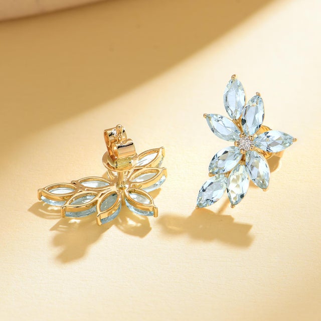 Nina Zhou Aquamarine Diamond Cluster Earrings in 14k Gold - a Pair For Sale In Los Angeles - Image 6 of 14