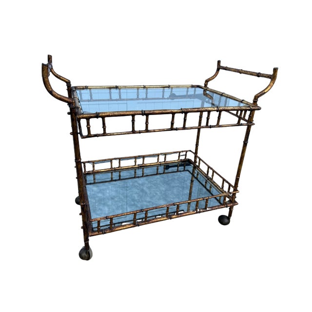 Vintage Mid-Century Faux Bamboo Bar Cart | Hollywood Regency Gilt Metal & Glass Serving Trolley | Maison Baguès Style...