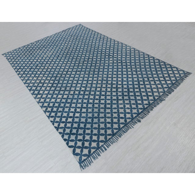Blue Indigo Block Print Hand Woven Cotton Flatweave Kilim Rug, 6x9 Ft. For Sale - Image 16 of 18