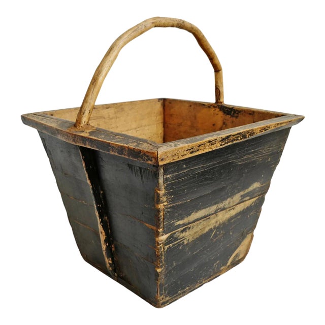 Vintage Mongolian Rustic Wood Bucket / Basket For Sale
