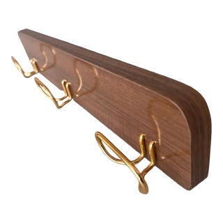 Italian, Mid-Century Modern Wood and Brass Wall Coat Hanger, 1960s For Sale