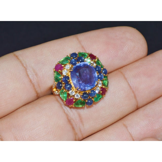 Gia Natural 11.84cts vs F Diamond No Heat Sapphire Ruby Emerald 18k Gold Dinner Cocktail Ring, Size 6.75 For Sale - Image 10 of 13