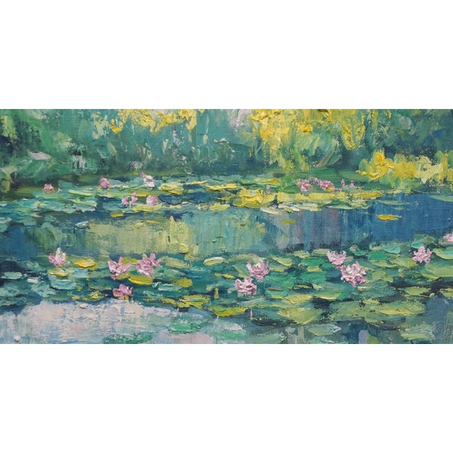 Impressionist Original Oil Landscape of Lily Pond For Sale - Image 3 of 5