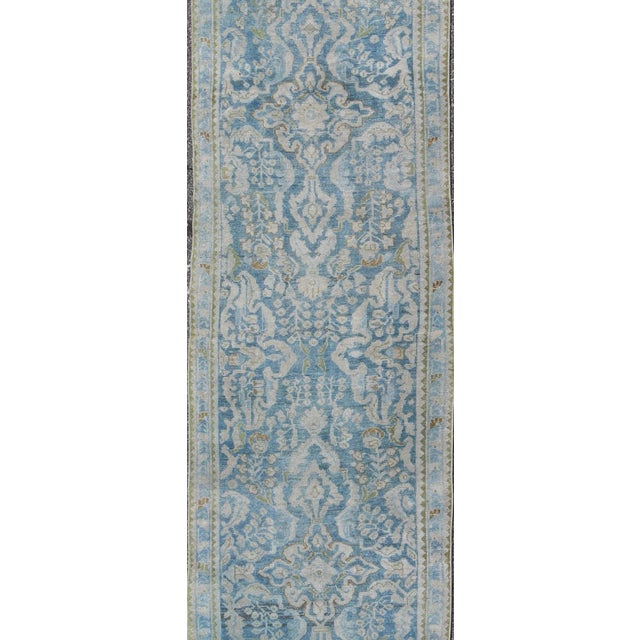 Antique Persian Malayer runner with all-over design in blue and hints of olive. Keivan Woven Arts / rug sus-1803-124,...