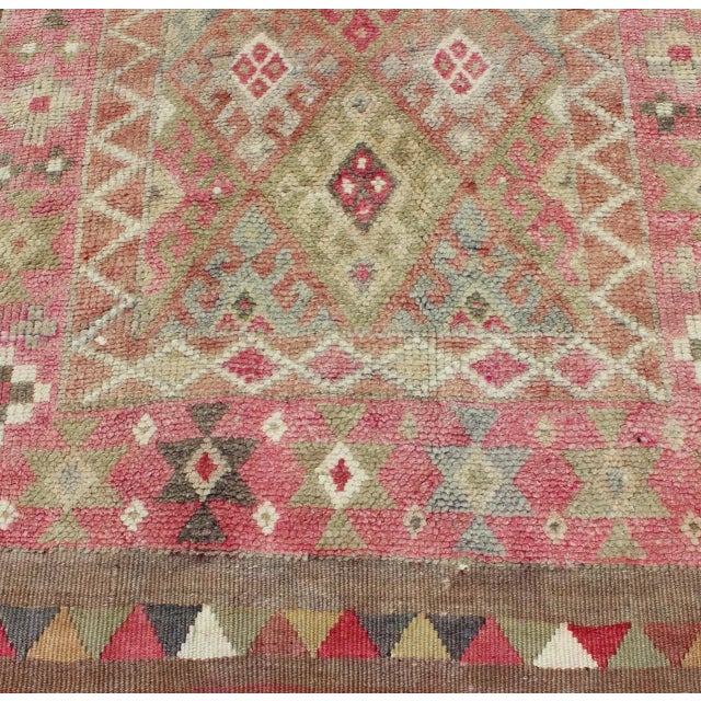 Geometric Kurdish Design Vintage Runner From Turkey in Pink, Red & Green Colors For Sale - Image 9 of 12