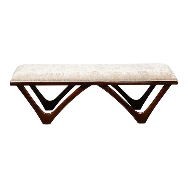 Itialian Mid Century Modern Sculptural Graphic Walnut & Taupe Velvet Bench For Sale