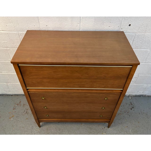 Mid-Century Modern Mainline by Hooker Mid-Century Walnut and Brass Five Drawer Highboy Dresser, Attributed For Sale - Image 3 of 15