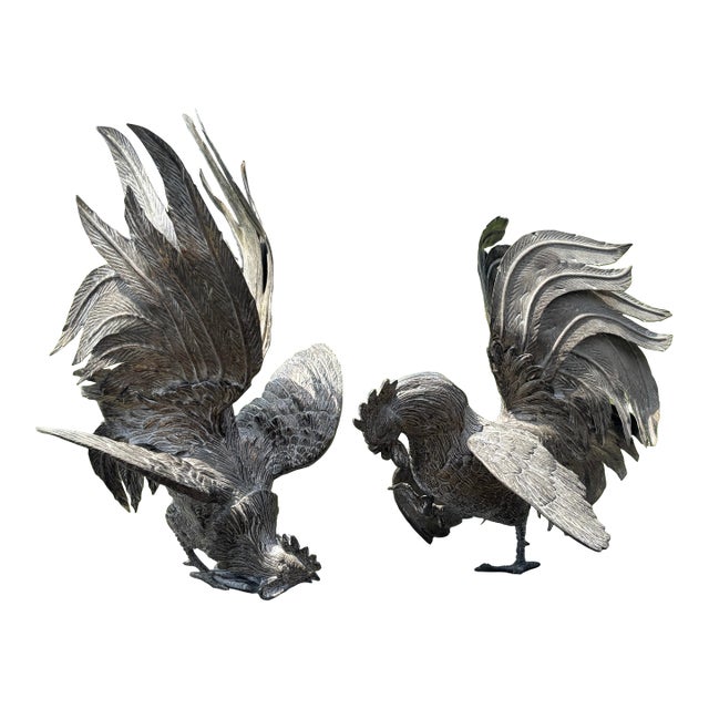 Fighting Cocks - A Pair of Highly-Detailed Mid-20th C. Silver Metal Roosters For Sale