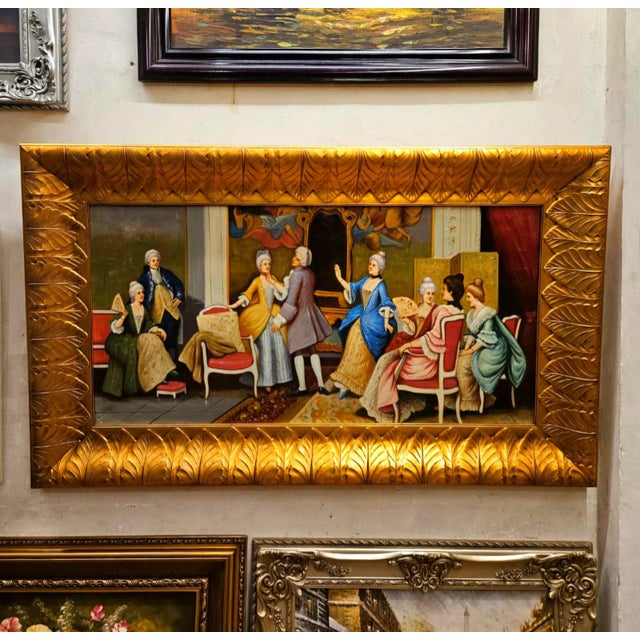 Beautiful wall art print on premium cotton fabric featuring a vibrant Victorian-style social gathering, with elegantly...
