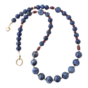Hand Strung Blue Lapis and Garnet Beaded Necklace by Matthew Izzo