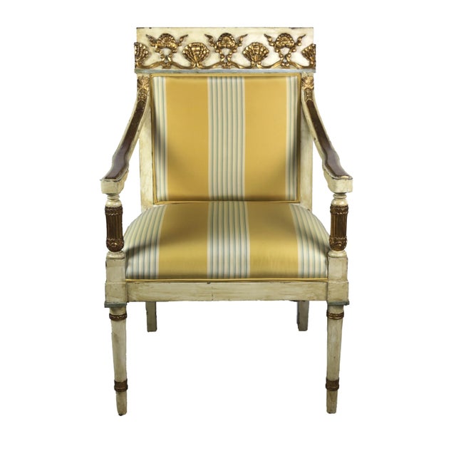 Eternal Beauty: These French Empire Style Armchairs exude timeless elegance with their white wood frames adorned with...
