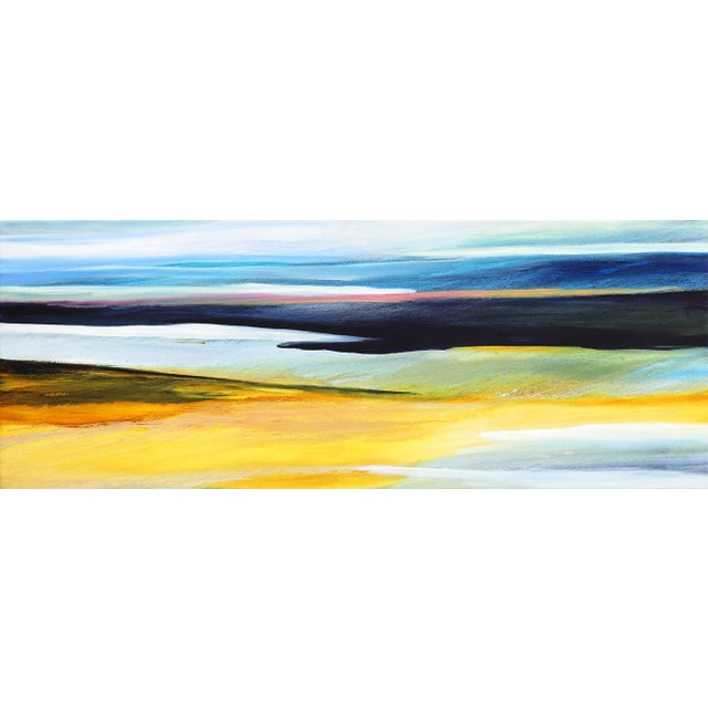 Water Meets Air II - Serene Seascape Contemporary Original Abstract Oil Painting Blue Yellow Green Ocean Landscape Art by Bettina Mauel For Sale