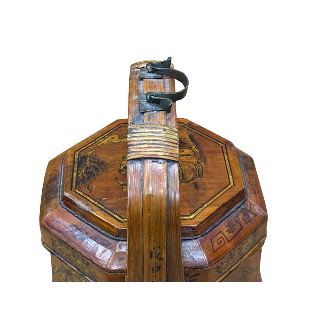 Vintage Oriental Octagonal Golden Graphic Stack Wedding Basket Display For Sale - Image 11 of 16