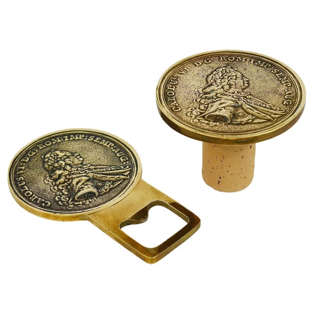 Brass Coin Bottle Opener and Bottle Stopper attributed to Carl Auböck, Austria, 1950s, Set of 2 For Sale