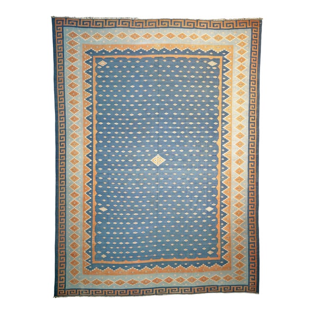 Vintage Dhurrie Rug in Blue, With Geometric Patterns, From Rug & Kilim For Sale
