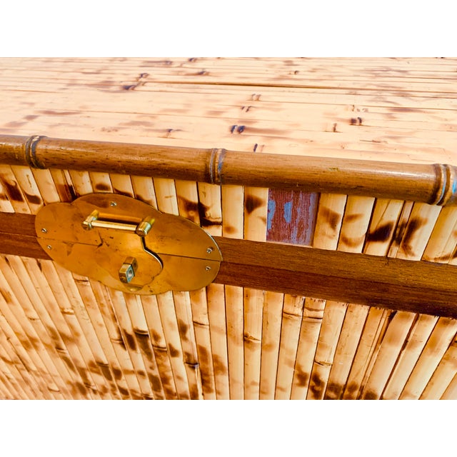 Wood Mid-Century Campaign Style Scorched Split Reed Bamboo Trunk, Coffee Table With Brass Handles and Closure in the Manner of Ralph Lauren For Sale - Image 7 of 12