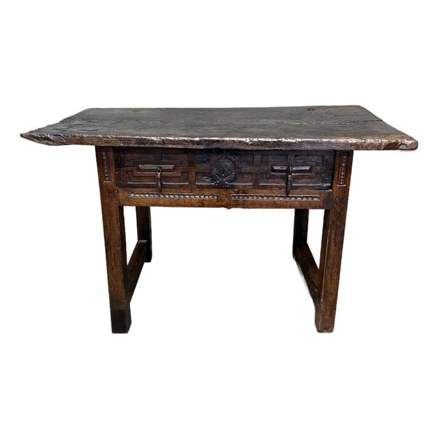 18th C. Spanish Beautifully Rustic Carved-Wood Trestle-Leg Table With Drawer For Sale