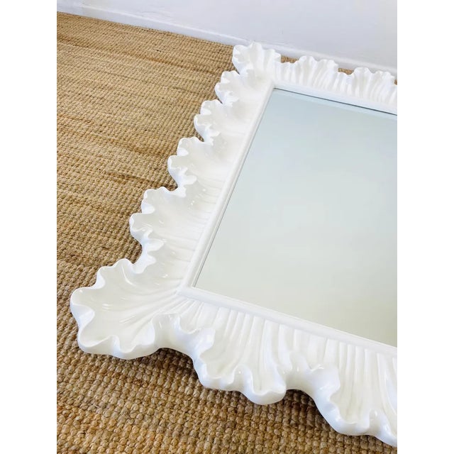 Vintage 1980s White Ruffled Carved Look Molded Fiberglass Wall Mirror Serge Roche Style For Sale In Palm Springs - Image 6 of 7