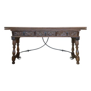 Early 20th Century Spanish Fold Out Console Table with Iron Stretcher & 3 Drawer For Sale