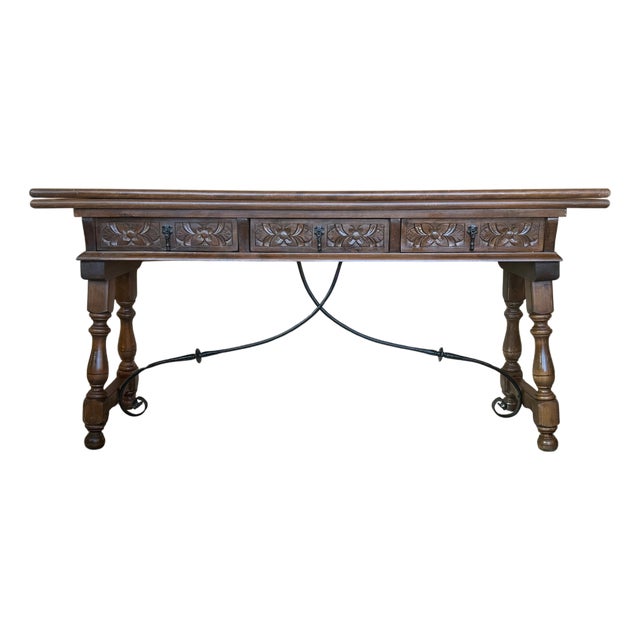 Early 20th Century Spanish Fold Out Console Table with Iron Stretcher & 3 Drawer For Sale