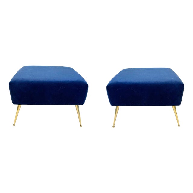 Pair of Bespoke Stools in Navy Blue Velvet With Solid Brass Ball Point Legs For Sale