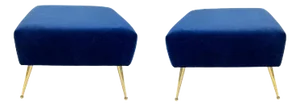Pair of Bespoke Stools in Navy Blue Velvet With Solid Brass Ball Point Legs