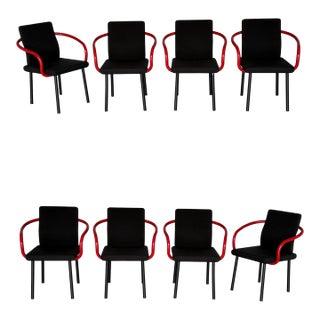 1990s Set of 8 Ettore Sottsass Mandarin Chairs by Knoll - Black + Red Post Modern For Sale