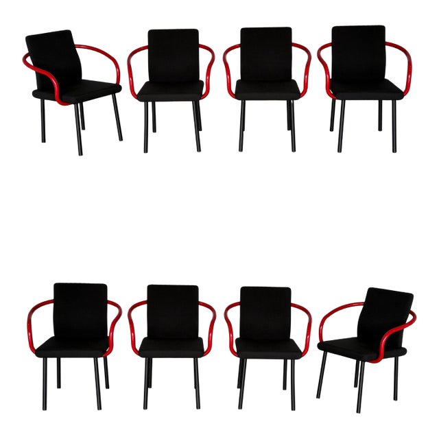 1990s Set of 8 Ettore Sottsass Mandarin Chairs by Knoll - Black + Red Post Modern For Sale