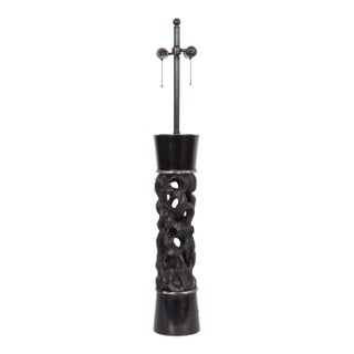1950s James Mont Carved Black Ebonized Wood Table Lamp For Sale