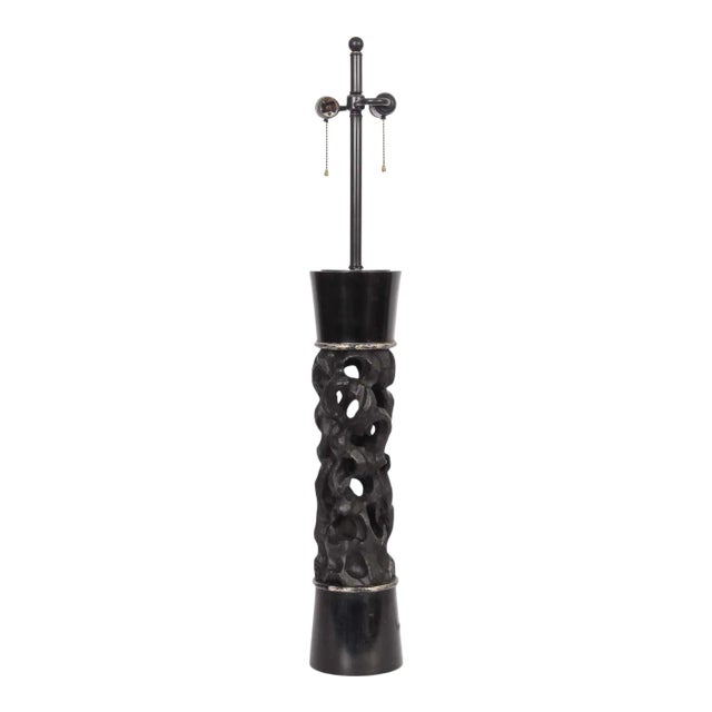 1950s James Mont Carved Black Ebonized Wood Table Lamp For Sale
