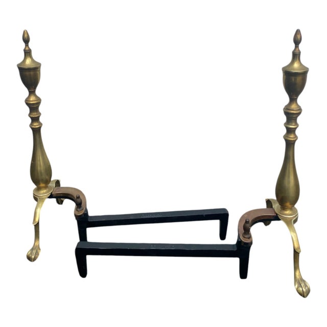 Pair 1920s Vintage Brass Andirons Chippendale Claw Ball Feet Fireplace For Sale In Philadelphia - Image 6 of 18