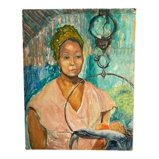 Vintage Watercolor on Board Portrait Painting of a Woman in a Food Market Circa 1980 For Sale