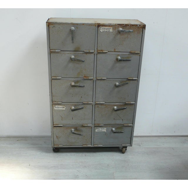 Industrial Vintage Industrial Metal Cabinet with 10 Fold-Down Doors on Casters, 1950s For Sale - Image 3 of 10
