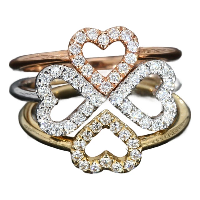 14k Yellow, White, Rose Gold & Diamond Stackable Heart Rings - Size 6.5 For Sale