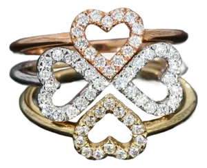 14k Yellow, White, Rose Gold & Diamond Stackable Heart Rings - Size 6.5