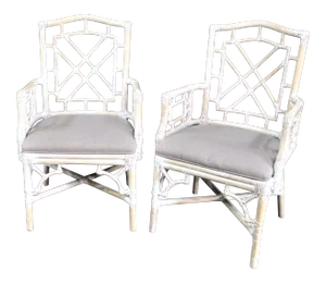 Pair White Distressed Bamboo Form Armchairs