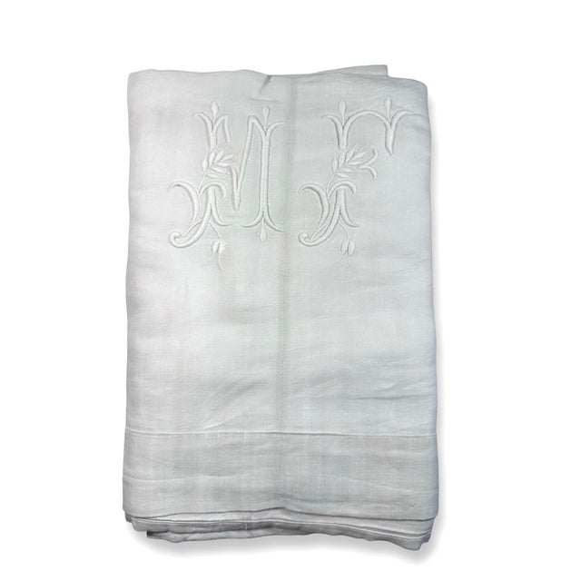 Antique French Heavy Linen Sheet, Mf Monogram, Hand Embroidered, Center Seam, Circa 1900 For Sale - Image 10 of 11