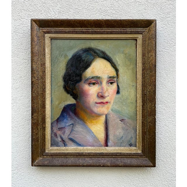 Beige Female Portrait, 1930, Oil Painting on Wood Panel, Framed For Sale - Image 8 of 8