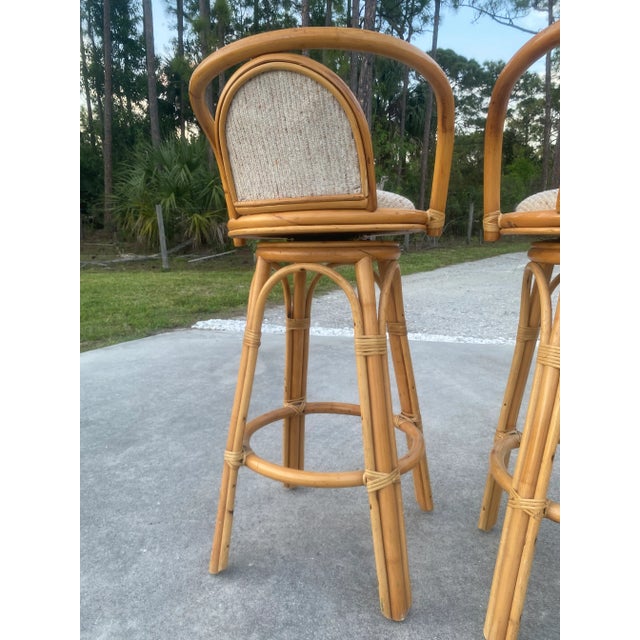 Vintage Boho Coastal Rattan Swivel Bar Stools With Beige Fabric Seat Set of 3 For Sale - Image 10 of 11