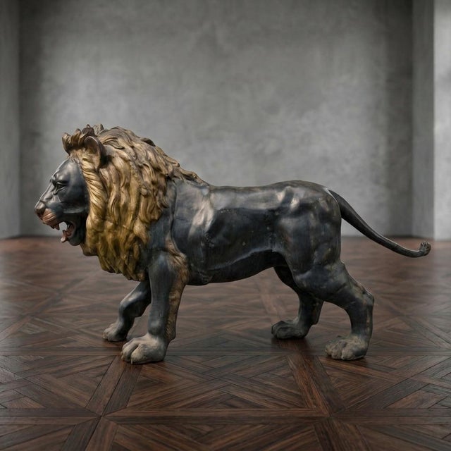 Metal Large Bronze Sculptures of Lions, 1870, Set of 2 For Sale - Image 7 of 14
