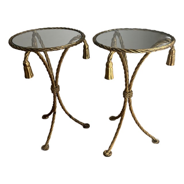 Pair of Mid Century Italian Rope Twist and Tassel Aluminum Tables For Sale