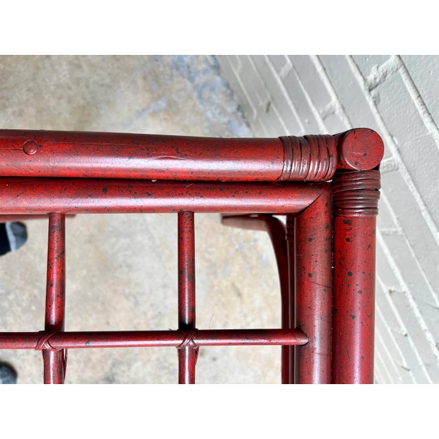 Vintage Red Split Reed and Rattan Glass Top Console Entry Table - Newly Painted For Sale - Image 9 of 12