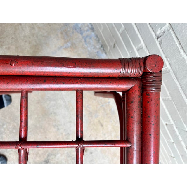 Vintage Tony Duquette Style Red Split Reed and Rattan Glass Top Console Entry Table - Newly Painted For Sale - Image 9 of 12