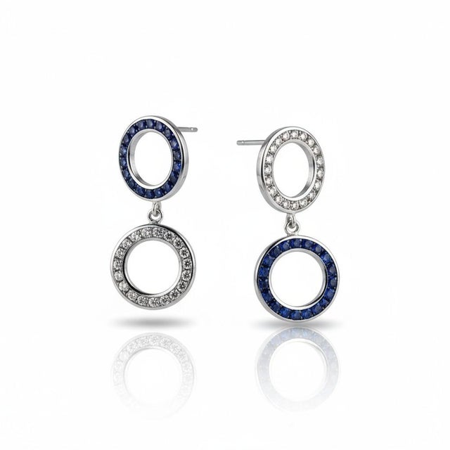 Modern 14k White Gold Double Circle Drop Earrings With Diamonds & Sapphires, A Pair For Sale - Image 3 of 8