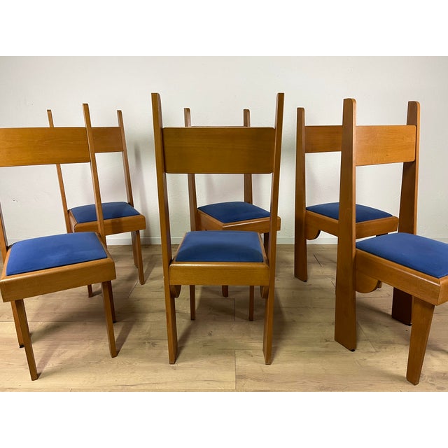 Vintage Chairs in Wood and Blue Velvet, 1980s, Set of 6 For Sale - Image 6 of 9