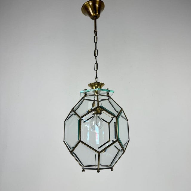 Modern Italian Brass and Beveled Glass Pendant Light in the style of Adolf Loos, 1960s For Sale - Image 3 of 11