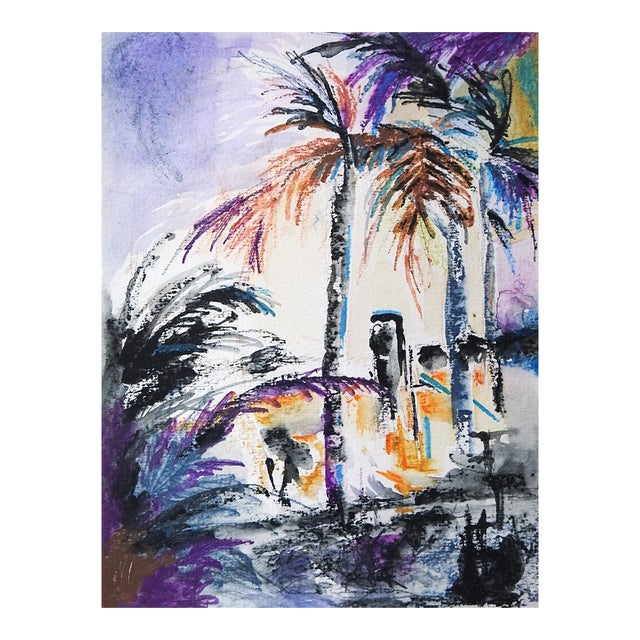 Contemporary Coastal Palm Tree Watercolor Painting For Sale