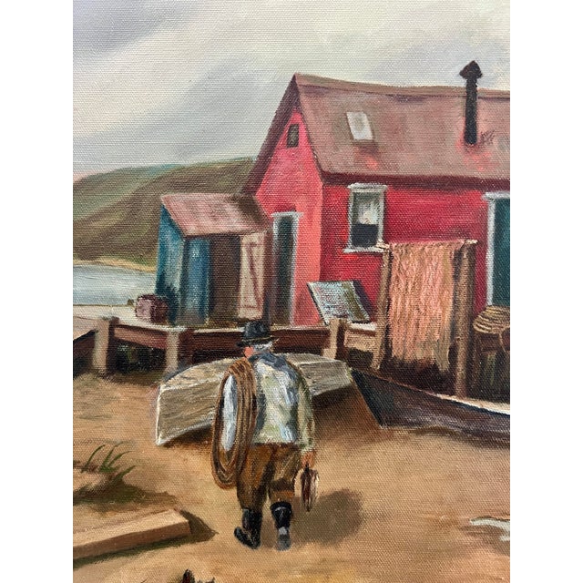 Mid 20th Century The Red Boat House, Fishing Boats, New England Harbor Painting, Unframed by Reams For Sale - Image 5 of 9