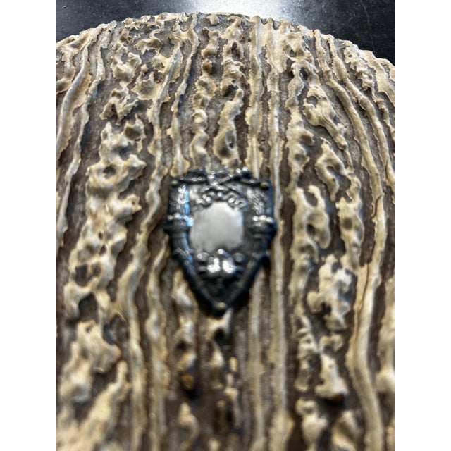 Art Nouveau Antique Faux Antler Wood, Sterling Emblem, Beveled Hand Mirror For Sale - Image 3 of 5